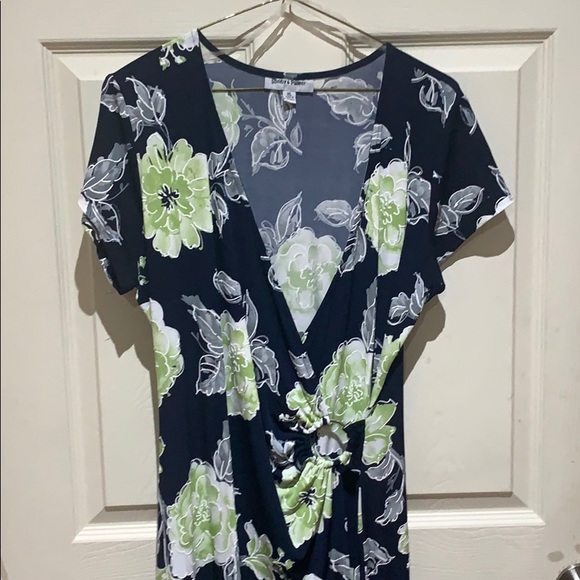 Navy Blue Dress with Lime green and grey flowers. - Picture 2 of 4